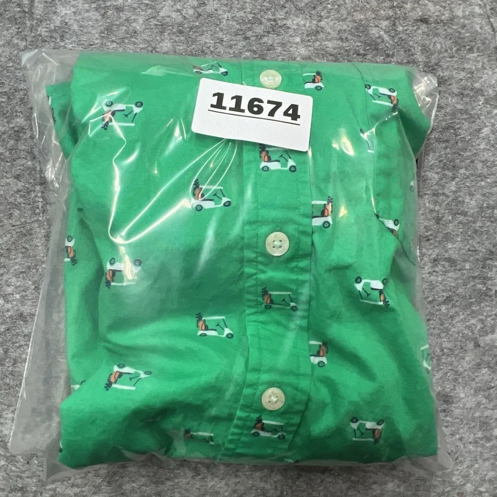 Lands End Shirt Mens M Green Golf Cart Print Short Sleeve Button Traditional Fit